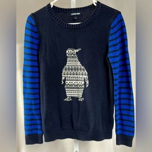 Lands End Kids 100% Cotton Navy Penguin Sweater with‎ Striped Sleeves Sz L 14-16
